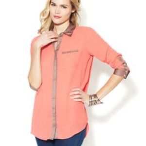 Free People Peach Chiffon Brown Satin Trim Button Up Long Sleeve Blouse SIZE S